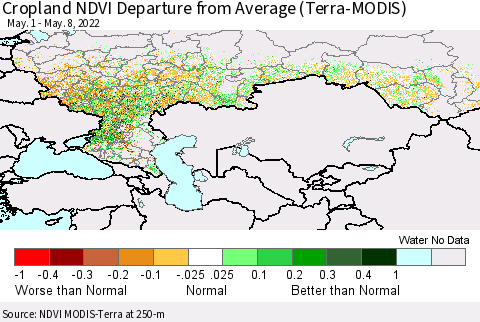Russian Federation Cropland NDVI Departure from Average (Terra-MODIS) Thematic Map For 5/1/2022 - 5/8/2022