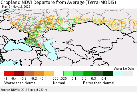 Russian Federation Cropland NDVI Departure from Average (Terra-MODIS) Thematic Map For 5/9/2022 - 5/16/2022