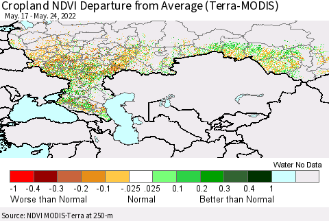 Russian Federation Cropland NDVI Departure from Average (Terra-MODIS) Thematic Map For 5/17/2022 - 5/24/2022