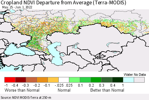 Russian Federation Cropland NDVI Departure from Average (Terra-MODIS) Thematic Map For 5/25/2022 - 6/1/2022