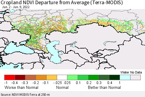 Russian Federation Cropland NDVI Departure from Average (Terra-MODIS) Thematic Map For 6/2/2022 - 6/9/2022