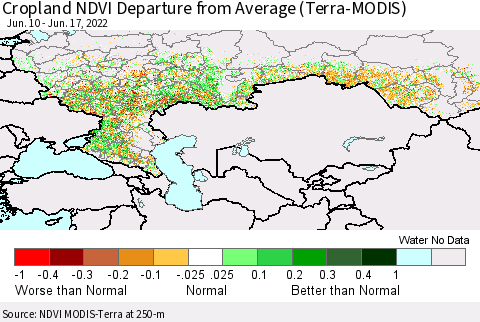 Russian Federation Cropland NDVI Departure from Average (Terra-MODIS) Thematic Map For 6/10/2022 - 6/17/2022