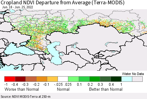 Russian Federation Cropland NDVI Departure from Average (Terra-MODIS) Thematic Map For 6/18/2022 - 6/25/2022