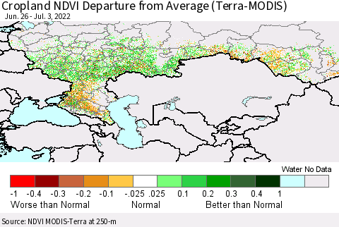 Russian Federation Cropland NDVI Departure from Average (Terra-MODIS) Thematic Map For 6/26/2022 - 7/3/2022