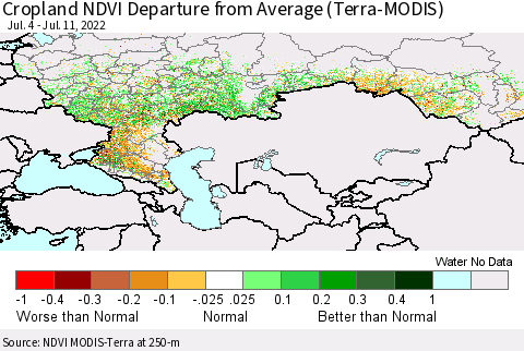 Russian Federation Cropland NDVI Departure from Average (Terra-MODIS) Thematic Map For 7/4/2022 - 7/11/2022