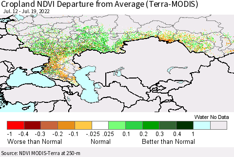 Russian Federation Cropland NDVI Departure from Average (Terra-MODIS) Thematic Map For 7/12/2022 - 7/19/2022