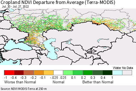 Russian Federation Cropland NDVI Departure from Average (Terra-MODIS) Thematic Map For 7/20/2022 - 7/27/2022