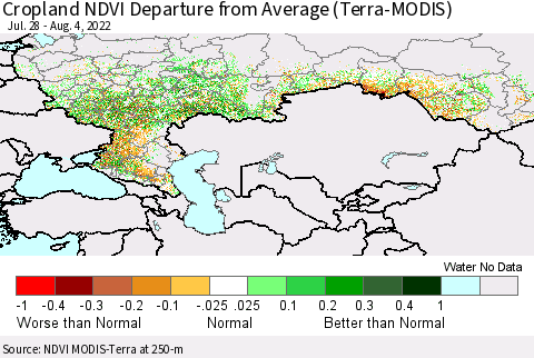 Russian Federation Cropland NDVI Departure from Average (Terra-MODIS) Thematic Map For 7/28/2022 - 8/4/2022