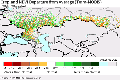 Russian Federation Cropland NDVI Departure from Average (Terra-MODIS) Thematic Map For 8/5/2022 - 8/12/2022