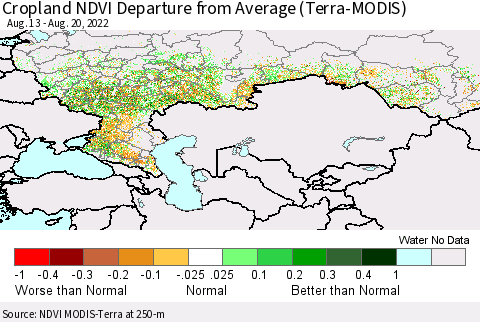 Russian Federation Cropland NDVI Departure from Average (Terra-MODIS) Thematic Map For 8/13/2022 - 8/20/2022