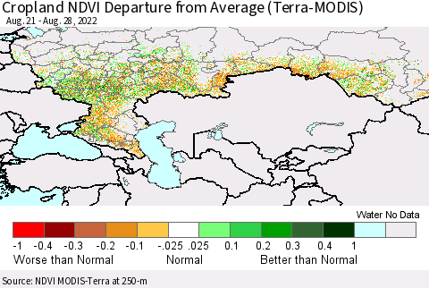 Russian Federation Cropland NDVI Departure from Average (Terra-MODIS) Thematic Map For 8/21/2022 - 8/28/2022