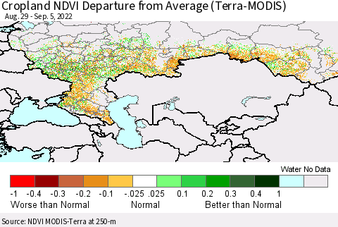 Russian Federation Cropland NDVI Departure from Average (Terra-MODIS) Thematic Map For 8/29/2022 - 9/5/2022