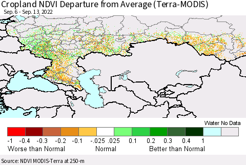 Russian Federation Cropland NDVI Departure from Average (Terra-MODIS) Thematic Map For 9/6/2022 - 9/13/2022