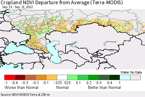 Russian Federation Cropland NDVI Departure from Average (Terra-MODIS) Thematic Map For 9/14/2022 - 9/21/2022