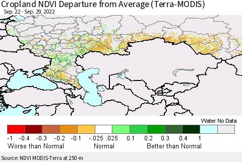 Russian Federation Cropland NDVI Departure from Average (Terra-MODIS) Thematic Map For 9/22/2022 - 9/29/2022