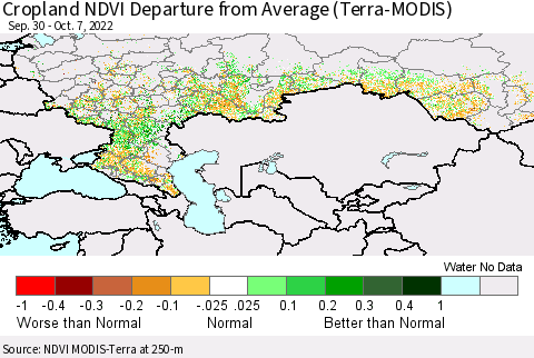 Russian Federation Cropland NDVI Departure from Average (Terra-MODIS) Thematic Map For 9/30/2022 - 10/7/2022