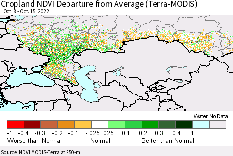Russian Federation Cropland NDVI Departure from Average (Terra-MODIS) Thematic Map For 10/8/2022 - 10/15/2022