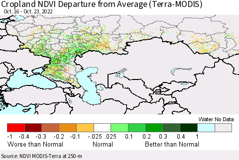 Russian Federation Cropland NDVI Departure from Average (Terra-MODIS) Thematic Map For 10/16/2022 - 10/23/2022