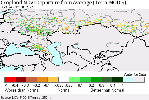 Russian Federation Cropland NDVI Departure from Average (Terra-MODIS) Thematic Map For 10/24/2022 - 10/31/2022