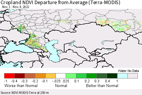Russian Federation Cropland NDVI Departure from Average (Terra-MODIS) Thematic Map For 11/1/2022 - 11/8/2022