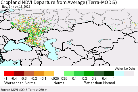 Russian Federation Cropland NDVI Departure from Average (Terra-MODIS) Thematic Map For 11/9/2022 - 11/16/2022