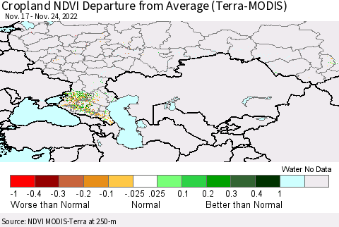 Russian Federation Cropland NDVI Departure from Average (Terra-MODIS) Thematic Map For 11/17/2022 - 11/24/2022