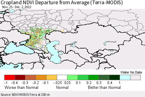 Russian Federation Cropland NDVI Departure from Average (Terra-MODIS) Thematic Map For 11/25/2022 - 12/2/2022