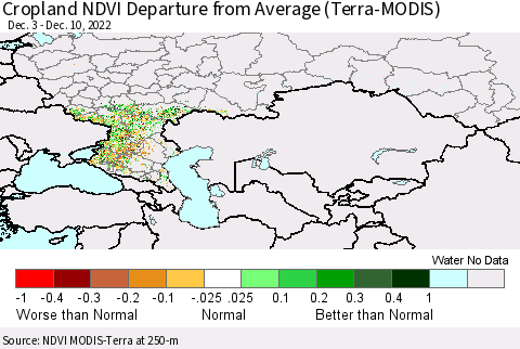 Russian Federation Cropland NDVI Departure from Average (Terra-MODIS) Thematic Map For 12/3/2022 - 12/10/2022