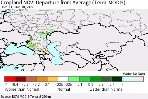 Russian Federation Cropland NDVI Departure from Average (Terra-MODIS) Thematic Map For 12/11/2022 - 12/18/2022