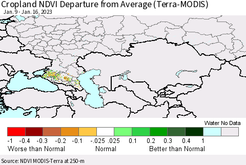 Russian Federation Cropland NDVI Departure from Average (Terra-MODIS) Thematic Map For 1/9/2023 - 1/16/2023