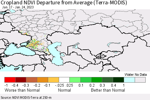 Russian Federation Cropland NDVI Departure from Average (Terra-MODIS) Thematic Map For 1/17/2023 - 1/24/2023