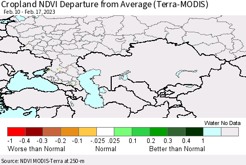 Russian Federation Cropland NDVI Departure from Average (Terra-MODIS) Thematic Map For 2/10/2023 - 2/17/2023