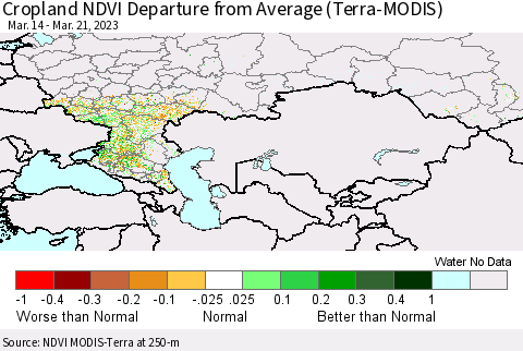 Russian Federation Cropland NDVI Departure from Average (Terra-MODIS) Thematic Map For 3/14/2023 - 3/21/2023