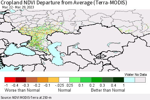 Russian Federation Cropland NDVI Departure from Average (Terra-MODIS) Thematic Map For 3/22/2023 - 3/29/2023