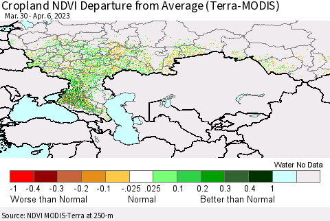 Russian Federation Cropland NDVI Departure from Average (Terra-MODIS) Thematic Map For 3/30/2023 - 4/6/2023