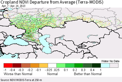 Russian Federation Cropland NDVI Departure from Average (Terra-MODIS) Thematic Map For 4/7/2023 - 4/14/2023