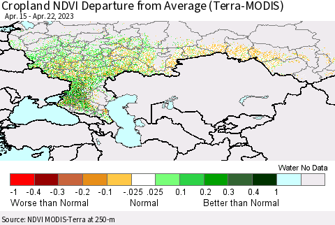 Russian Federation Cropland NDVI Departure from Average (Terra-MODIS) Thematic Map For 4/15/2023 - 4/22/2023