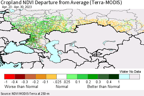 Russian Federation Cropland NDVI Departure from Average (Terra-MODIS) Thematic Map For 4/23/2023 - 4/30/2023