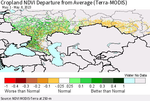 Russian Federation Cropland NDVI Departure from Average (Terra-MODIS) Thematic Map For 5/1/2023 - 5/8/2023