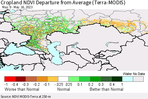 Russian Federation Cropland NDVI Departure from Average (Terra-MODIS) Thematic Map For 5/9/2023 - 5/16/2023