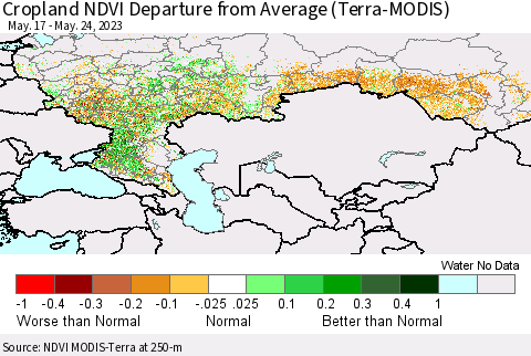 Russian Federation Cropland NDVI Departure from Average (Terra-MODIS) Thematic Map For 5/17/2023 - 5/24/2023
