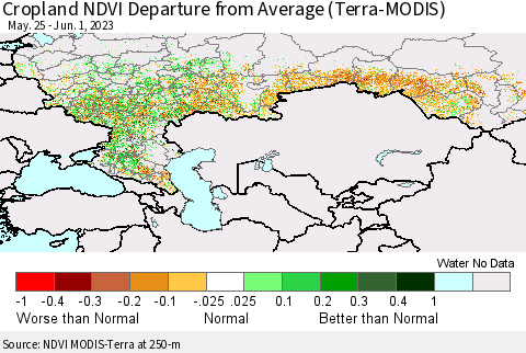 Russian Federation Cropland NDVI Departure from Average (Terra-MODIS) Thematic Map For 5/25/2023 - 6/1/2023