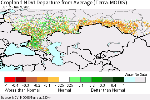 Russian Federation Cropland NDVI Departure from Average (Terra-MODIS) Thematic Map For 6/2/2023 - 6/9/2023