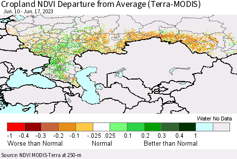 Russian Federation Cropland NDVI Departure from Average (Terra-MODIS) Thematic Map For 6/10/2023 - 6/17/2023