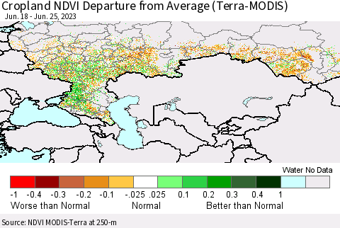 Russian Federation Cropland NDVI Departure from Average (Terra-MODIS) Thematic Map For 6/18/2023 - 6/25/2023