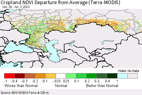 Russian Federation Cropland NDVI Departure from Average (Terra-MODIS) Thematic Map For 6/26/2023 - 7/3/2023