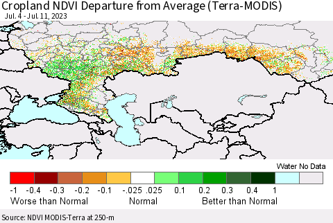 Russian Federation Cropland NDVI Departure from Average (Terra-MODIS) Thematic Map For 7/4/2023 - 7/11/2023