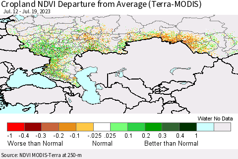 Russian Federation Cropland NDVI Departure from Average (Terra-MODIS) Thematic Map For 7/12/2023 - 7/19/2023