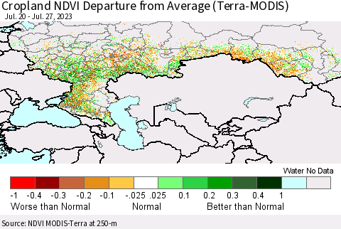 Russian Federation Cropland NDVI Departure from Average (Terra-MODIS) Thematic Map For 7/20/2023 - 7/27/2023