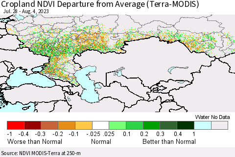 Russian Federation Cropland NDVI Departure from Average (Terra-MODIS) Thematic Map For 7/28/2023 - 8/4/2023